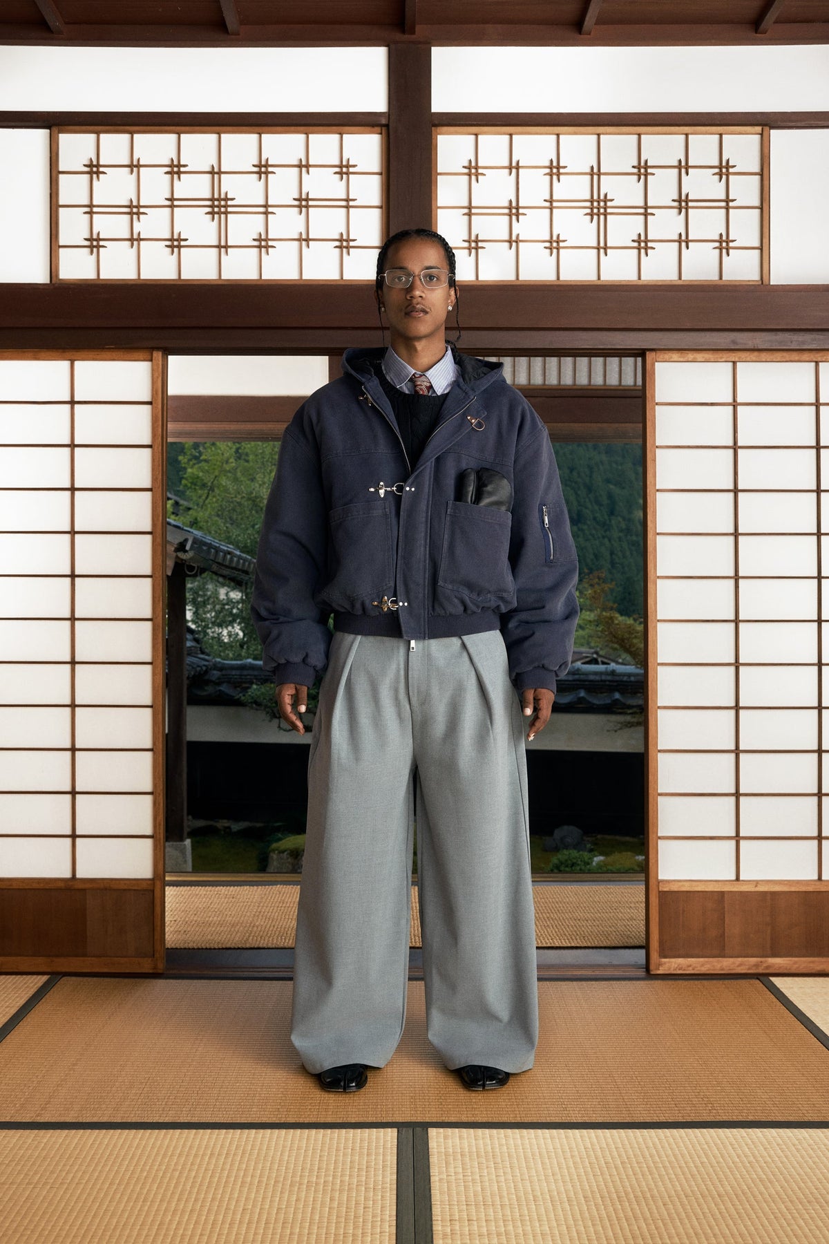 Shige Navy Canvas Clasp Bomber Jacket