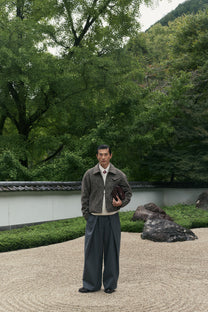Sūtsu Wool Blend Granite Pinstripe Trousers