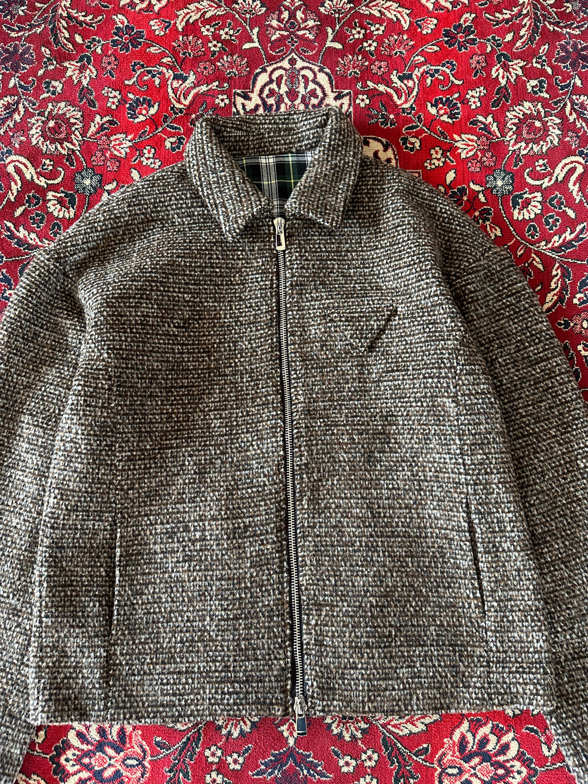 Brown Speckled Plaid Lined Zip Up Jacket