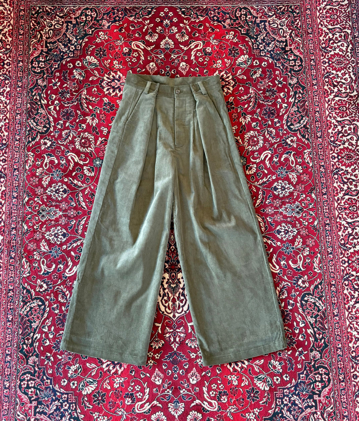 Army Green Corduroy Wide Leg Trousers